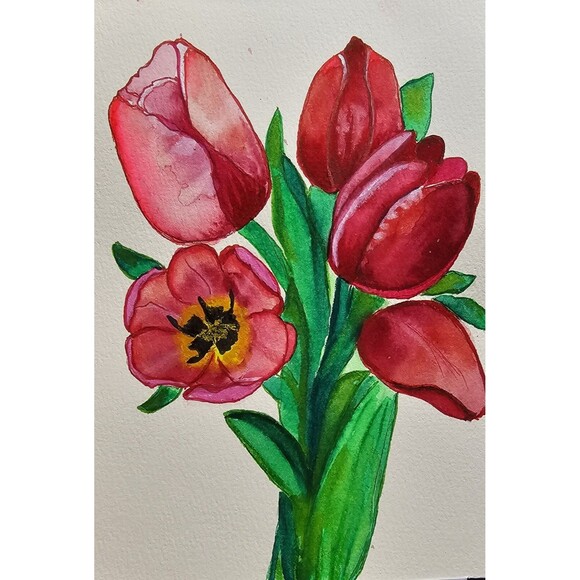 Tulips Watercolor Flowers Tulip Painting Colorful Original Art Gift Idea 6x8.5 - Picture 1 of 6